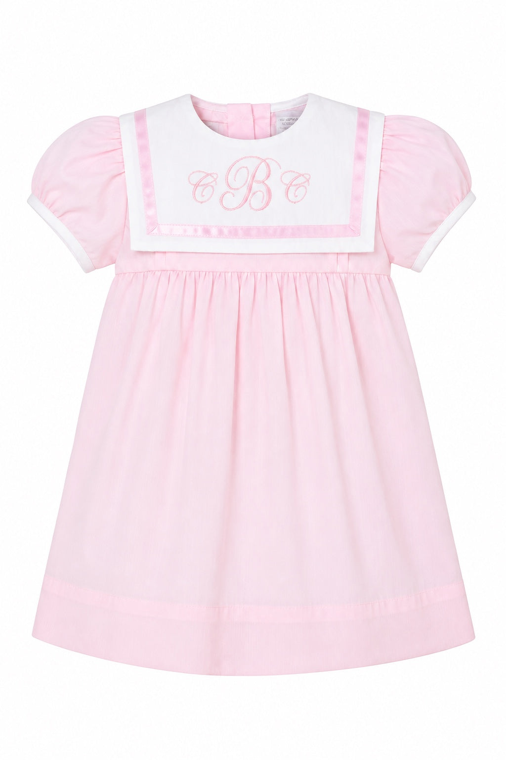 Carriage Boutique pink and white short sleeve toddler dress with a sailor-style collar and embroidered monogram