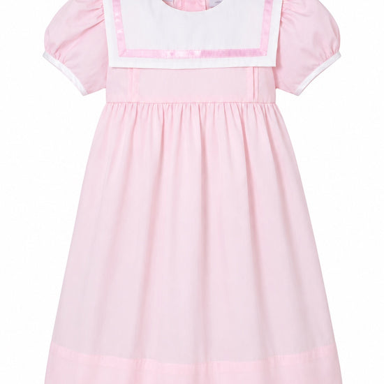 Carriage Boutique pink and white short sleeve toddler dress with a classic sailor collar and pleated skirt