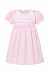 Carriage Boutique pink and white short sleeve toddler dress with a classic sailor collar and pleated skirt