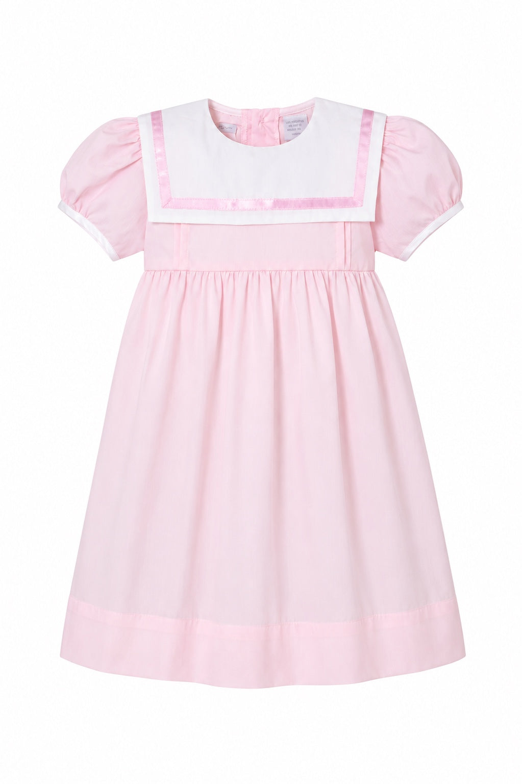 Carriage Boutique pink and white short sleeve toddler dress with a classic sailor collar and pleated skirt