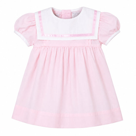 Carriage Boutique pink and white short sleeve toddler dress with a classic sailor collar and pleated skirt detail.