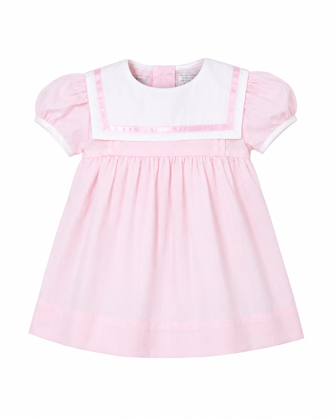 Carriage Boutique pink and white short sleeve toddler dress with a classic sailor collar and pleated skirt detail.