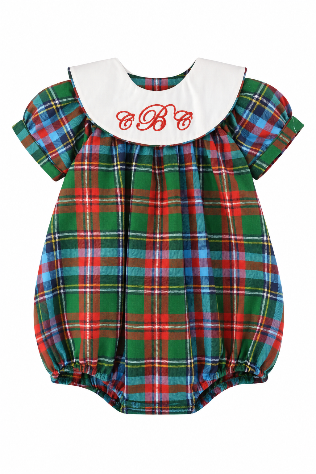 Carriage Boutique baby girl plaid bubble romper with a white collar and red monogram embroidery.