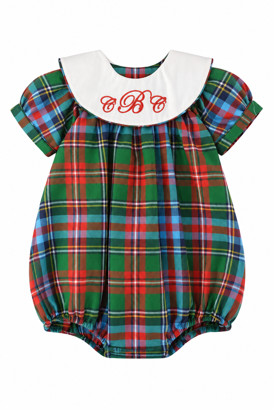 Carriage Boutique baby girl plaid bubble romper with a white collar and red monogram embroidery.