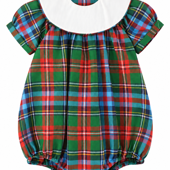 Carriage Boutique baby girl bubble romper in a multicolor plaid print with a white peter pan collar and puff sleeves.