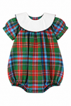 Carriage Boutique baby girl bubble romper in a multicolor plaid print with a white peter pan collar and puff sleeves.