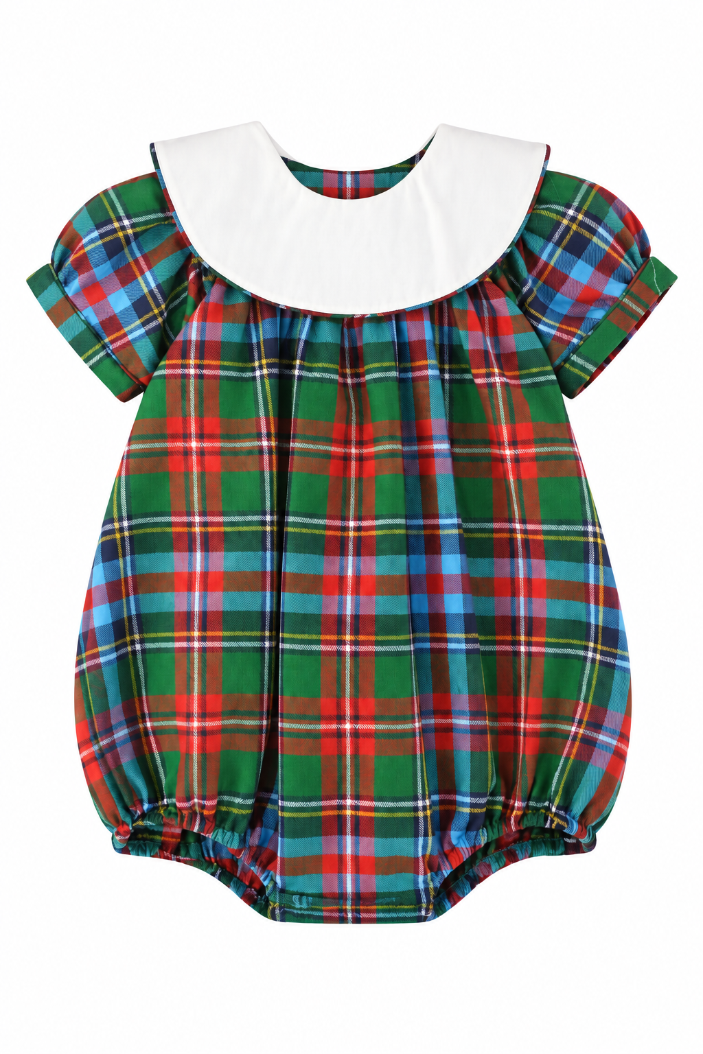 Carriage Boutique baby girl bubble romper in a multicolor plaid print with a white peter pan collar and puff sleeves.