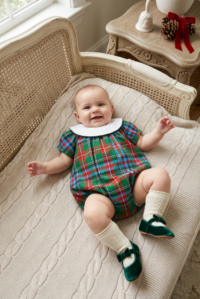 Carriage Boutique baby girl wearing a multicolor plaid bubble romper with a white collar, lying on a knit blanket.