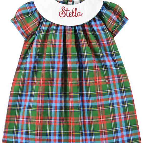 Carriage Boutique multicolor plaid toddler dress with white Peter Pan collar and custom red embroidered monogram