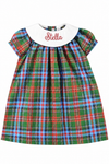 Carriage Boutique multicolor plaid toddler dress with white Peter Pan collar and custom red embroidered monogram