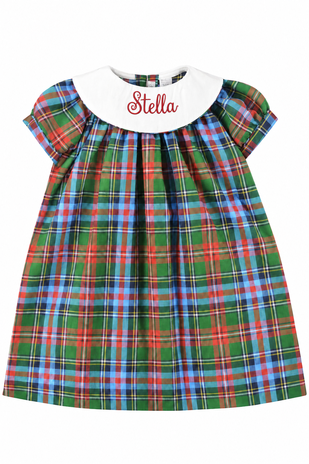 Carriage Boutique multicolor plaid toddler dress with white Peter Pan collar and custom red embroidered monogram