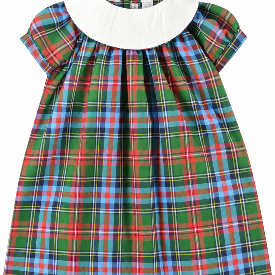 Carriage Boutique toddler girl dress in multicolor plaid cotton with a white Peter Pan collar and back button closure.