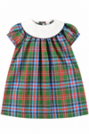 Carriage Boutique toddler girl dress in multicolor plaid cotton with a white Peter Pan collar and back button closure.