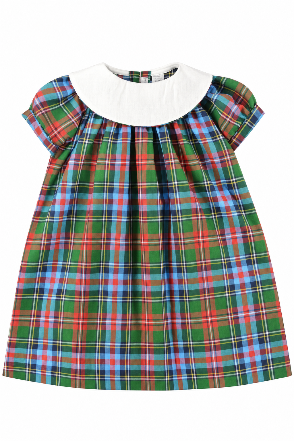 Carriage Boutique toddler girl dress in multicolor plaid cotton with a white Peter Pan collar and back button closure.