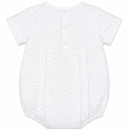 Carriage Boutique baby boys white bubble romper with grey polka dots and back button closure