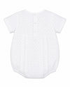 Carriage Boutique baby boys white bubble romper with grey polka dots and back button closure