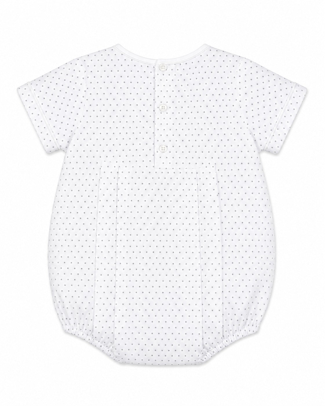 Carriage Boutique baby boys white bubble romper with grey polka dots and back button closure