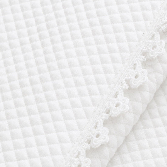 Carriage Boutique off-white quilted baby christening blanket featuring delicate floral lace trim detail