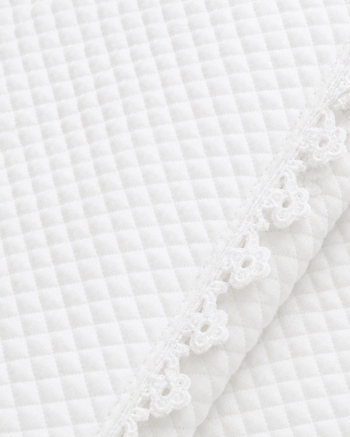 Carriage Boutique off-white quilted baby christening blanket featuring delicate floral lace trim detail