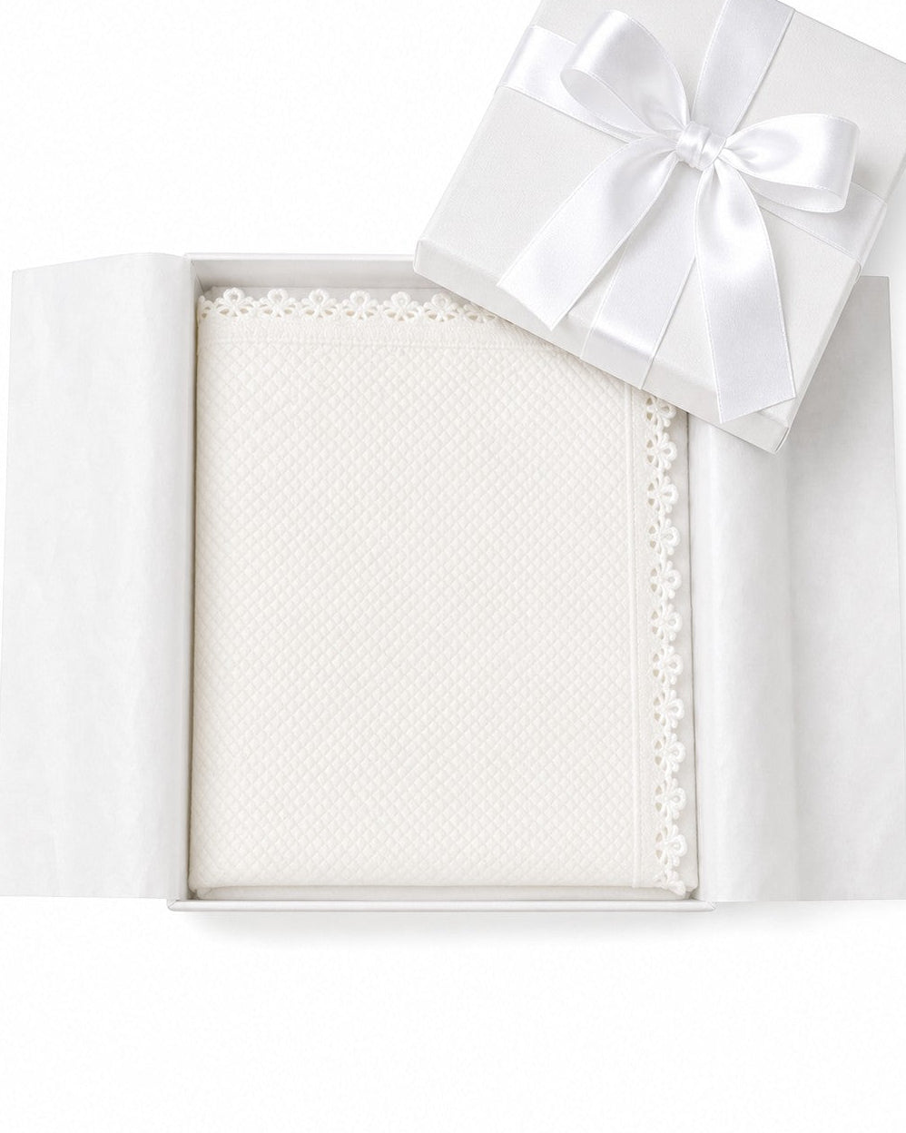 Carriage Boutique off-white quilted baby christening blanket with delicate lace trim inside a white gift box.