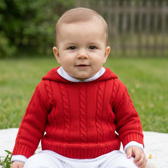 Carriage Boutique red cable knit baby sweater with hood worn by a baby sitting on a blanket in a park.