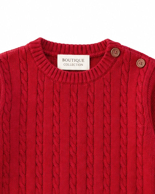 Carriage Boutique red cable knit baby sweater with crew neck and shoulder button detail in soft cotton blend