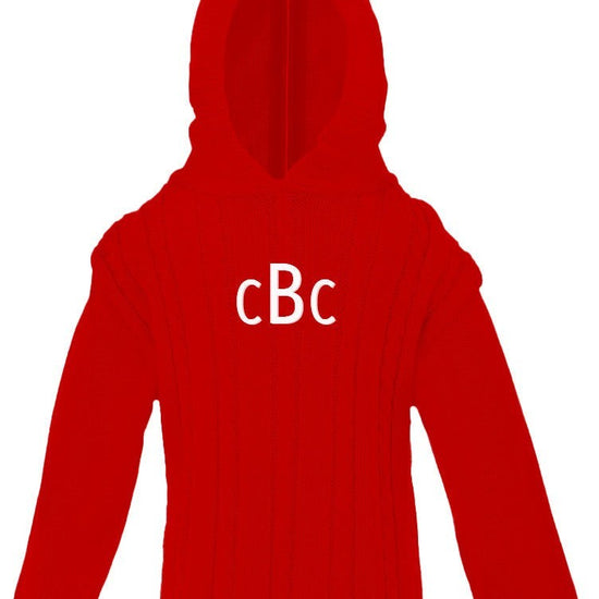 Carriage Boutique red cable knit baby sweater with hood and white monogram on the chest