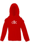 Carriage Boutique red cable knit baby sweater with hood and white monogram on the chest