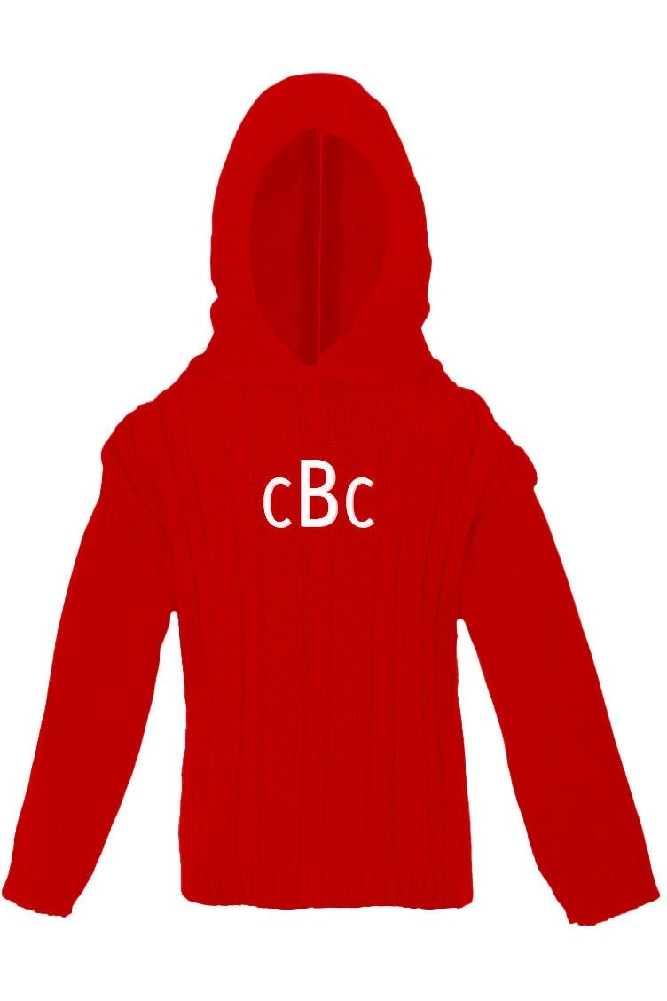 Carriage Boutique red cable knit baby sweater with hood and white monogram on the chest