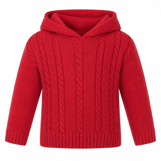 Carriage Boutique red cable knit baby sweater with a cozy hood and long sleeves for winter and holiday wear.