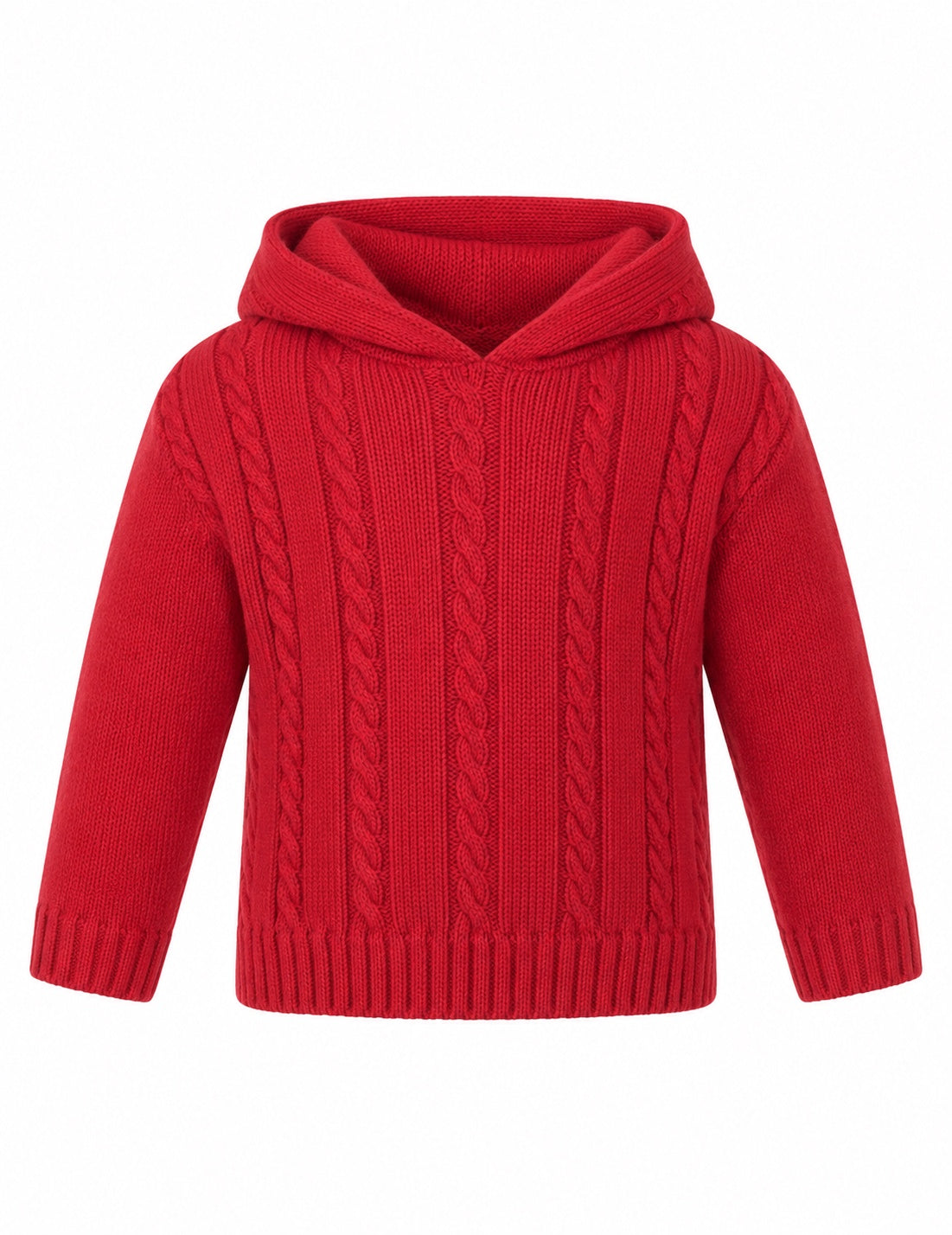 Carriage Boutique red cable knit baby sweater with a cozy hood and long sleeves for winter and holiday wear.