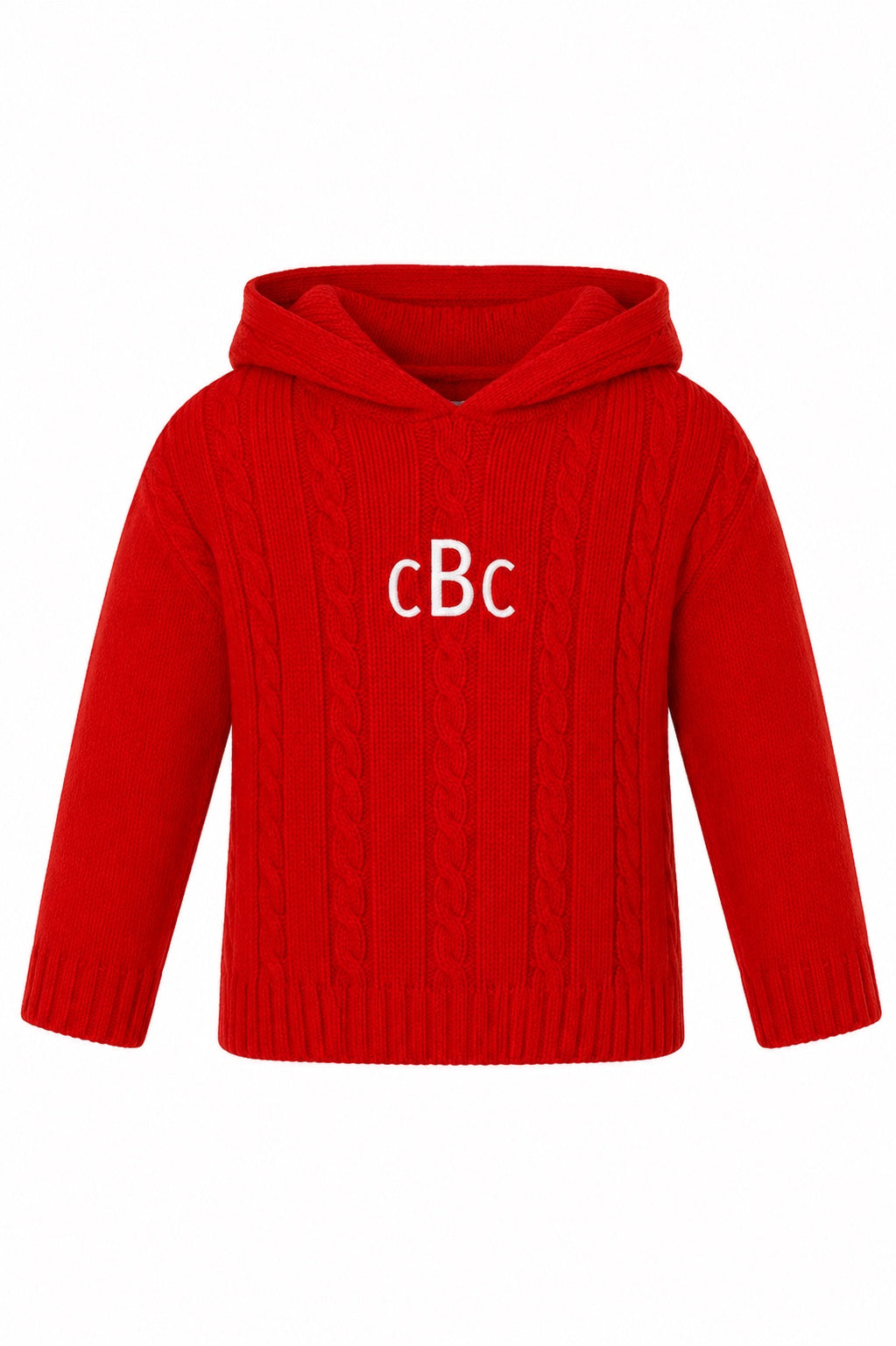 Carriage Boutique red cable knit baby sweater with a hood and white monogram embroidery on the chest