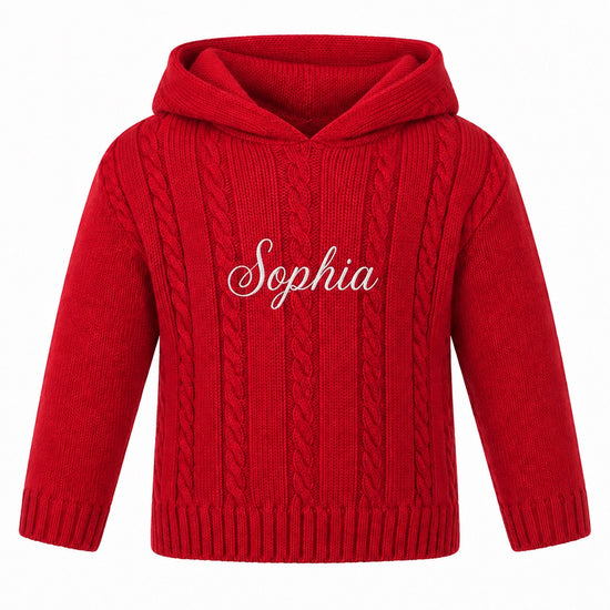 Carriage Boutique red cable knit hooded baby sweater with white Sophia monogram embroidery on the chest