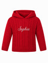 Carriage Boutique red cable knit hooded baby sweater with white Sophia monogram embroidery on the chest