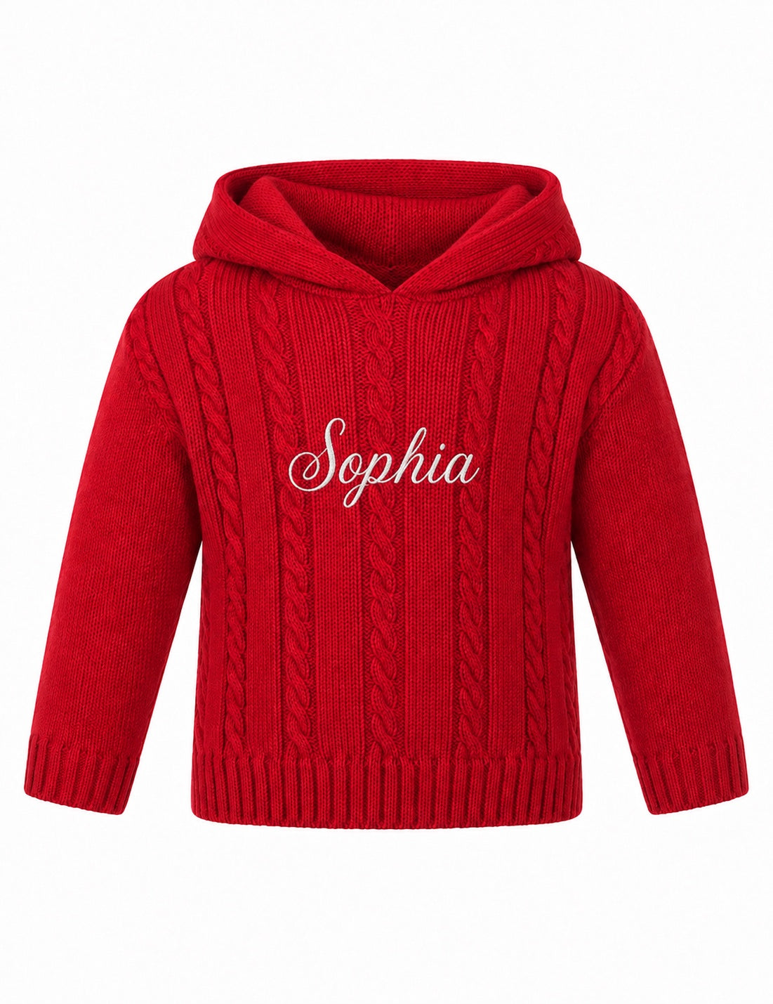 Carriage Boutique red cable knit hooded baby sweater with white Sophia monogram embroidery on the chest
