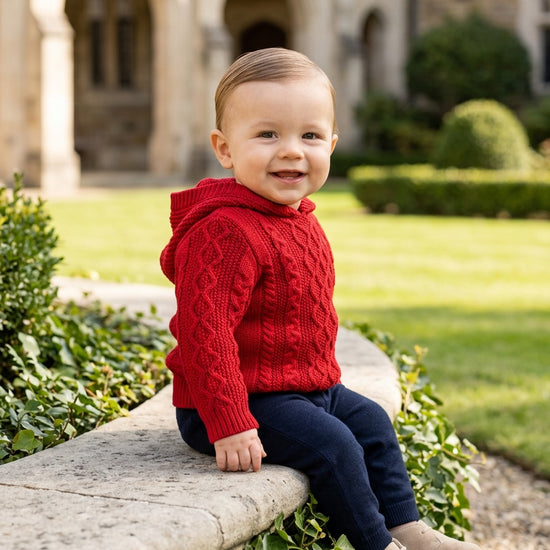 Carriage Boutique toddler wearing a vibrant red cable knit hooded sweater with navy pants and beige shoes outdoors.