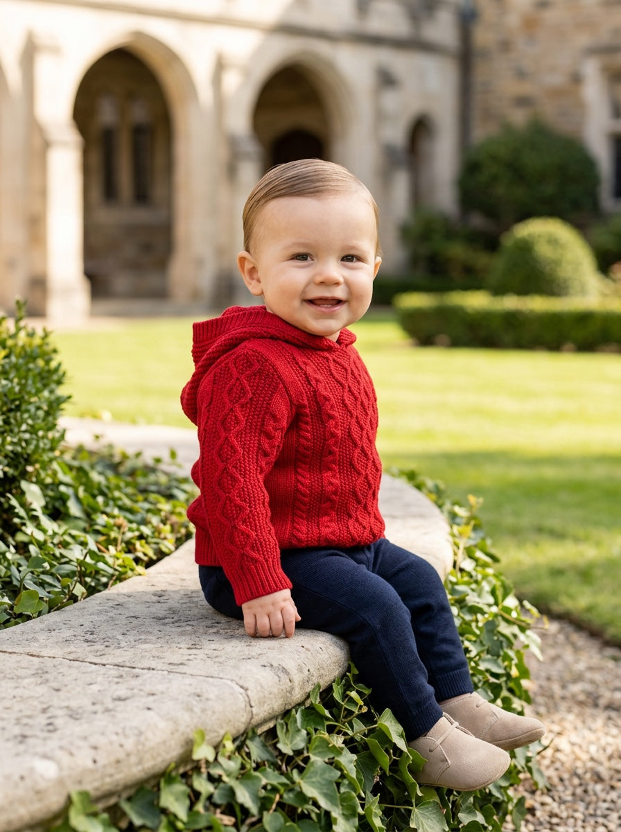 Carriage Boutique toddler wearing a vibrant red cable knit hooded sweater with navy pants and beige shoes outdoors.