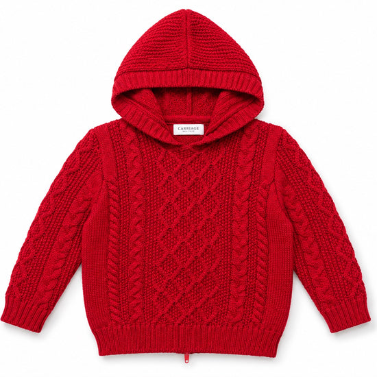 Carriage Boutique red cable knit hooded sweater with intricate diamond and braided patterns and ribbed trim