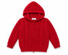 Carriage Boutique red cable knit hooded sweater with intricate diamond and braided patterns and ribbed trim