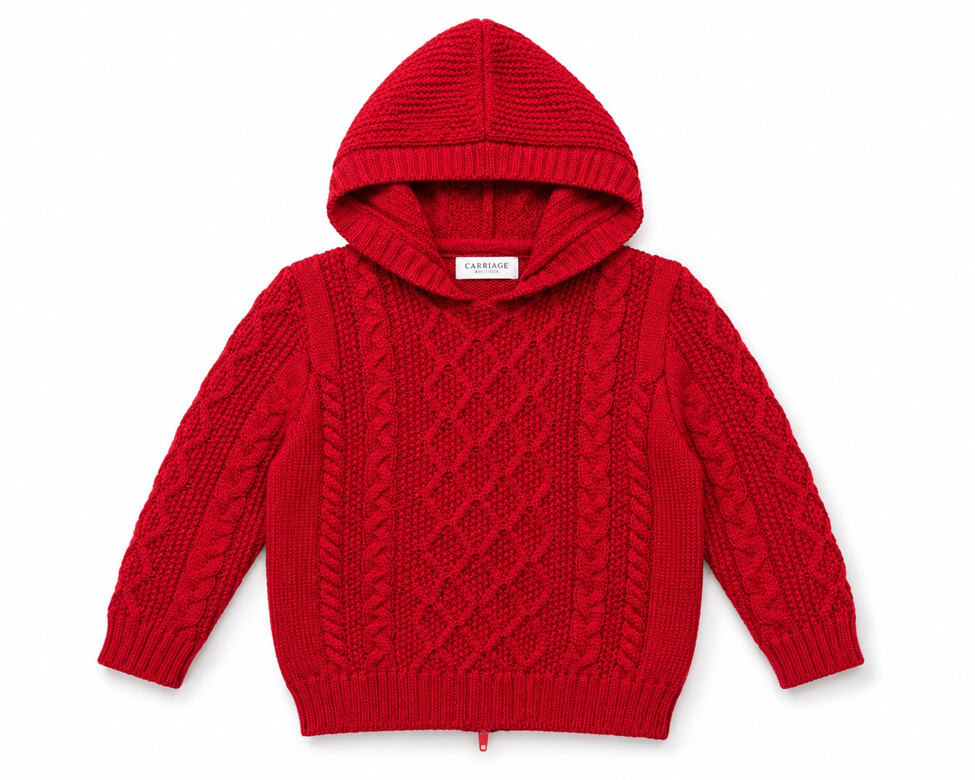 Carriage Boutique red cable knit hooded sweater with intricate diamond and braided patterns and ribbed trim