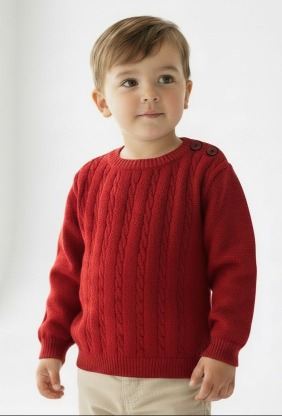 Toddler wearing a Carriage Boutique red cable knit crew neck sweater with shoulder buttons and beige trousers