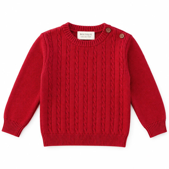Carriage Boutique red cable knit crew neck sweater for babies and toddlers with shoulder button detailing.