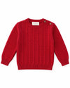 Carriage Boutique red cable knit crew neck sweater for babies and toddlers with shoulder button detailing.