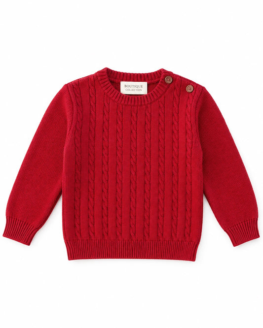 Carriage Boutique red cable knit crew neck sweater for babies and toddlers with shoulder button detailing.