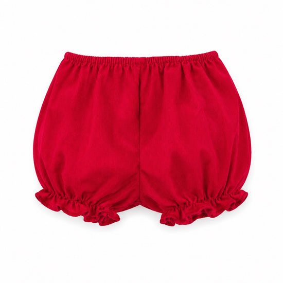 Carriage Boutique red corduroy baby girl bloomers with ruffled leg openings and elastic waistband