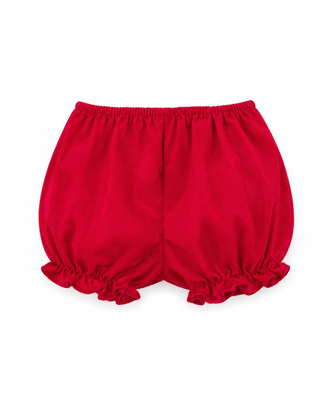 Carriage Boutique red corduroy baby girl bloomers with ruffled leg openings and elastic waistband