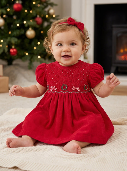 Carriage Boutique red corduroy baby girl dress with smocked bodice, Christmas wreath embroidery, and matching headband.