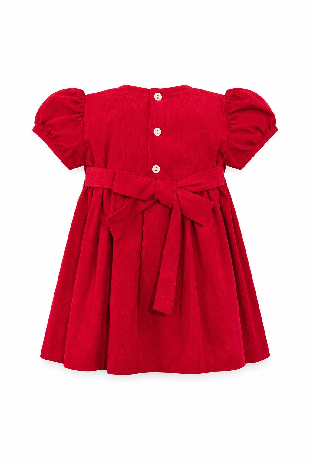 Carriage Boutique red corduroy baby girl dress with back button closure, puff sleeves, and a large waist bow tie.