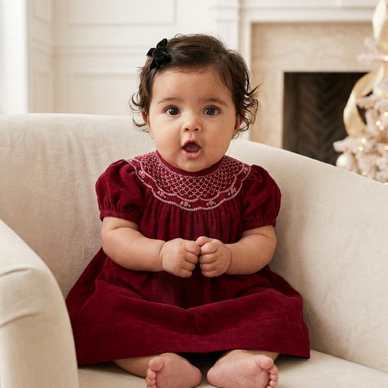 Carriage Boutique baby girl wearing a burgundy corduroy bishop dress with white hand-smocked embroidery on the collar.