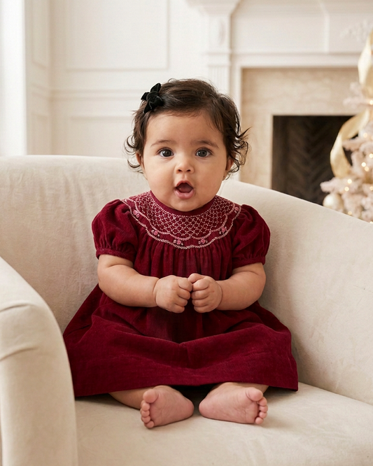 Carriage Boutique baby girl wearing a burgundy corduroy bishop dress with white hand-smocked embroidery on the collar.